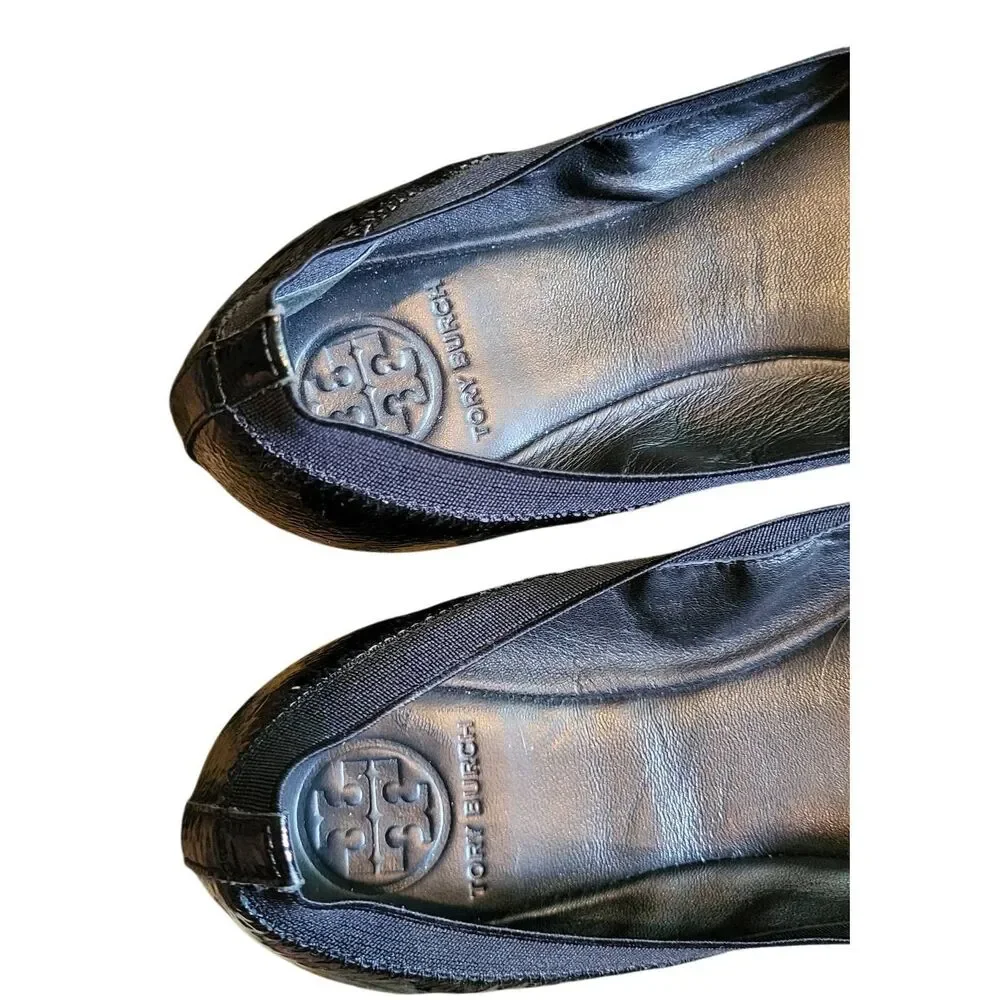 Tory Burch Flats Women's 9 Black Caroline Patent Leather Slip On Logo Designer